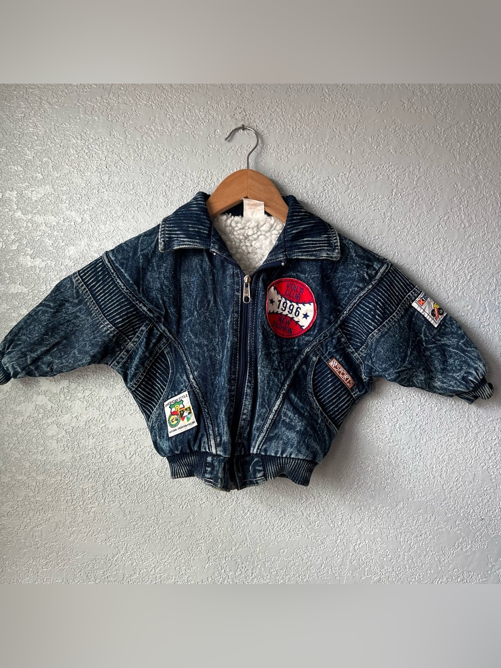 Vintage 90s Voila Kids Size 3 Acid Wash Denim Sherpa Jacket Racing Patches